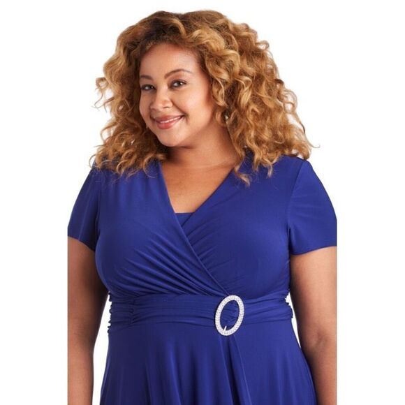 R&M Richards Women’s Plus Size 18 Short Sleeve Faux Wrap Cascade Dress Blue - Picture 3 of 15